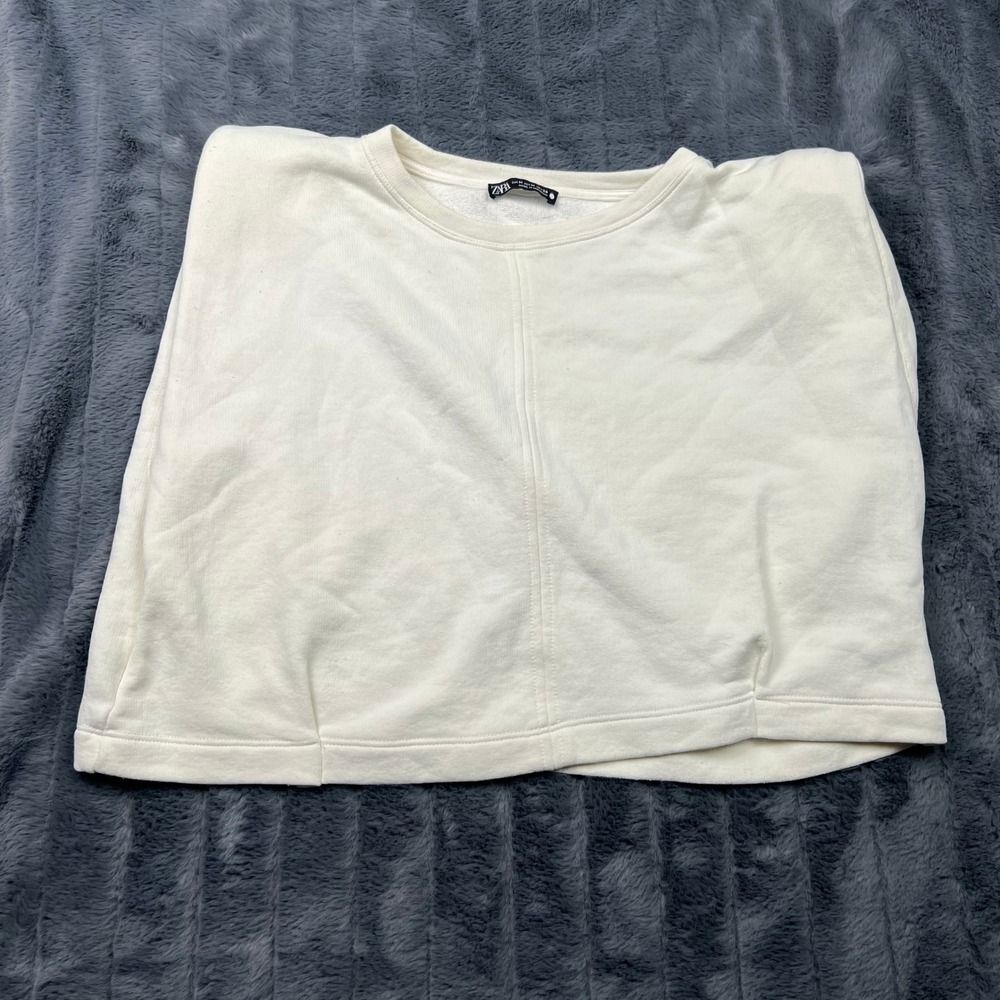 Zara Womens Padded Shoulder Cropped Sweatshirt Cream Off White Medium 12390